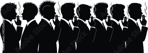 Male silhouettes smoking cigarettes illustration set, fashion hairstyle progression, conformity individuality concept artwork, cad drawing flat vector illustration, isolated design