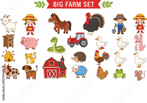 Big Farm Animals And Agriculture Elements Collection Cartoon Vector Illustration Set