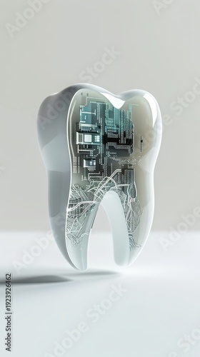 Futuristic Smart Tooth with Microchips and Electronic Circuits - 3D Illustration