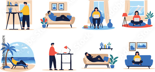 People Relaxing at Home Collection with Cozy Living Room Scenes, Working, Reading and Leisure Activities Indoor Lifestyle Vector Set