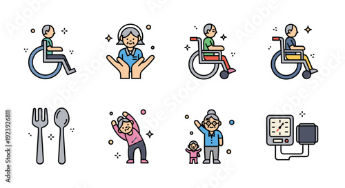 A collection of healthcare and accessibility icons featuring elderly people in wheelchairs, utensils, and medical equipment in flat vector style, suitable for health and wellness projects