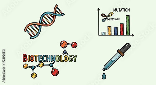 A collection of biotechnology illustrations featuring DNA, mutation graphs, and laboratory equipment in colorful vector style, perfect for educational materials and science presentations
