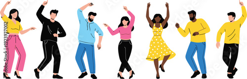 Group of Young People Dancing at Party, Diverse Men and Women Celebrating with Music, Fun Nightlife Event Vector Illustration