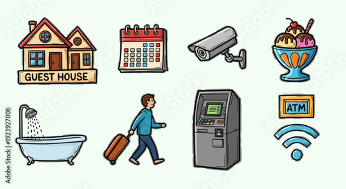 A collection of travel and hospitality icons including a guest house, calendar, luggage, security camera, and ice cream in colorful flat vector style, perfect for travel and accommodation themes