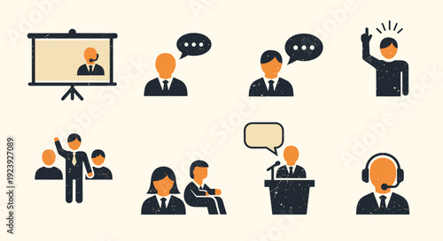 A collection of business communication icons depicting meetings, presentations, and teamwork in vintage vector style, ideal for corporate training materials