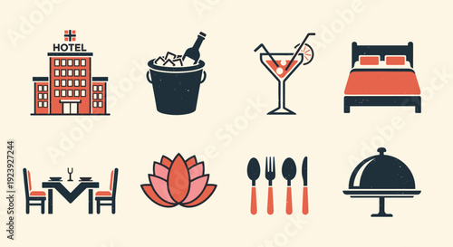 A collection of hotel and dining icons including a hotel building, champagne, cocktail, bed, and dining table in flat modern vector style, suitable for travel and hospitality branding