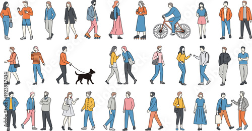 Diverse People Walking Collection with Casual Men and Women Characters, Urban Street Lifestyle Poses and Everyday Activity Vector Set