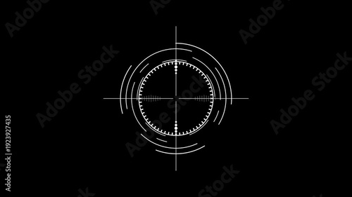white crosshair targeting reticle with circular scale markings on black background aiming scope crosshair.4K