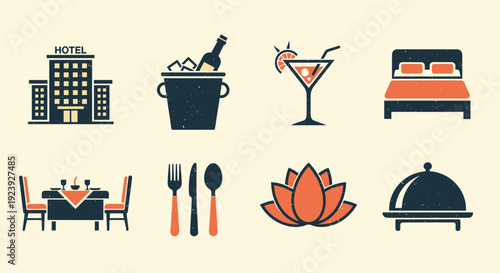 A collection of hotel and dining icons including a hotel building, dining table, cocktail, and bed in modern flat vector style, ideal for travel and hospitality branding