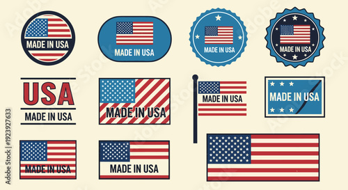 A collection of 'Made in USA' badges, flags, and symbols in colorful vector style, perfect for patriotic branding and marketing