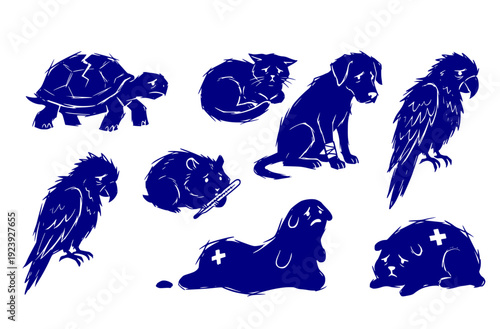 Sad Sick Animals Veterinary Care Turtle Cat Dog Parrot Set 8 Chaotic Ink Sketch Bent Sad Depressed-Sorrowful Pet Forms Vector Set