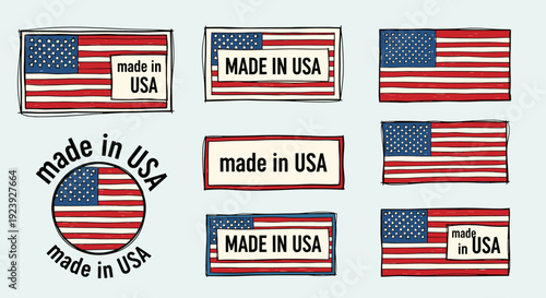 A collection of various 'made in USA' labels featuring the American flag in a modern vector style, perfect for patriotic branding and marketing