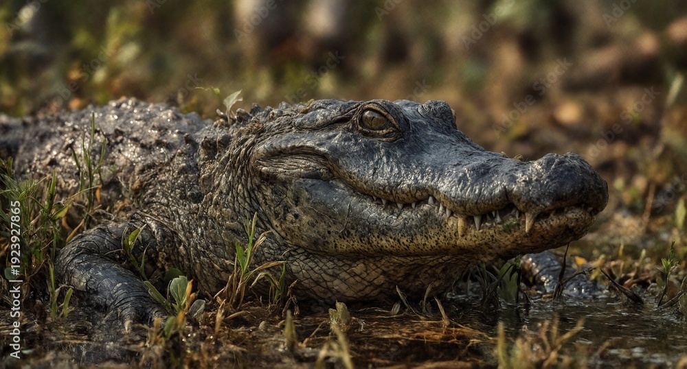 Obraz premium american alligator lurking in shallow water with detailed skin texture.