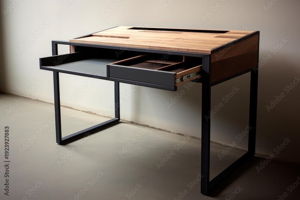 Fototapeta premium Contemporary desk design showcasing natural wood and black metal frame with storage