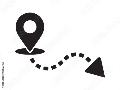 Gps location pin with dotted route arrow  black icon isolated on white background Vector