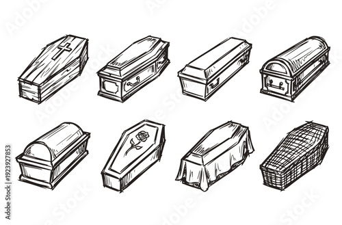 Various Types Coffins Wooden Metal Burial Casket Memorial Set 8 Chaotic Ink Sketch Funeral Rites-Casket Forms Vector Set
