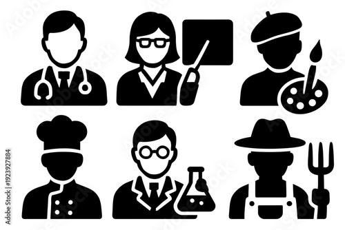 Diverse Career Occupations Icons Representing Professions in Black and White Style