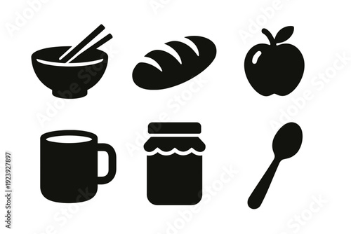 Collection of Food Icons Including Bowl Bread Apple Jar Mug and Spoon