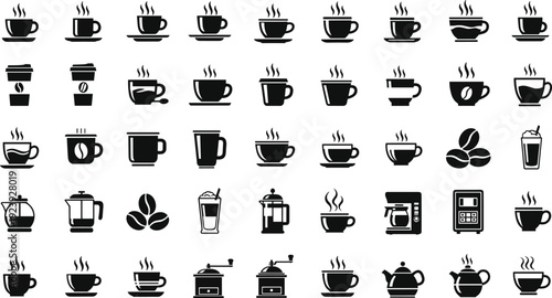 Coffee and tea cup icon set with mugs, espresso, beans, kettle and cafe equipment, hot beverage silhouettes isolated on white background vector