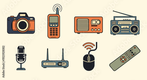 A collection of vintage tech devices including a camera, phone, radio, and microphone in flat vector style, ideal for technology-themed projects