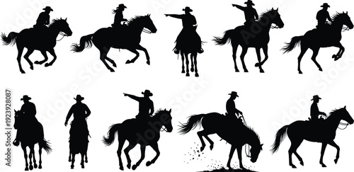 Cowboy riding horse silhouettes collection featuring western riders, ranch lifestyle and rodeo action poses isolated in black vector set for country design