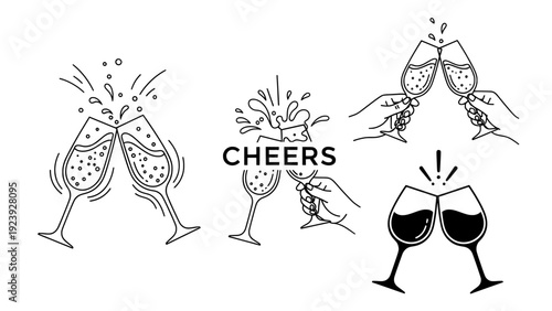 Cheers toasting hands with champagne and wine glasses doodle
