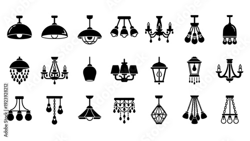 Lamp icon set featuring various lighting fixture silhouettes