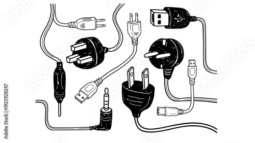 Plug and electrical components hand-drawn illustration set