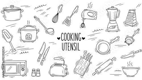 Cooking utensil collection with kitchen appliances and tools doodle
