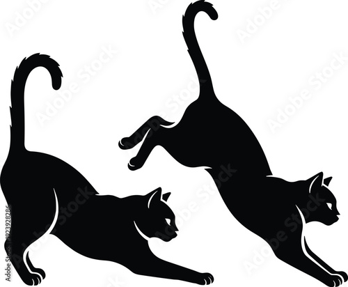 Black vector silhouette set of two cats stretching and jumping with arched backs for pet care animal behavior veterinary branding and feline lifestyle design