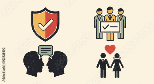 A collection of icons representing trust, communication, and relationships in a minimalist vector style, suitable for business and social themes