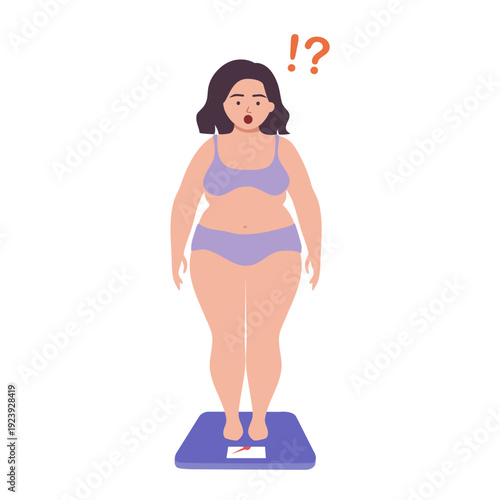 Overweight woman standing on body scale in flat design on white background. Weight gain anxiety.