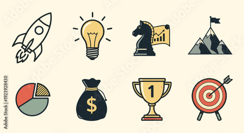 A collection of business and success icons including a rocket, lightbulb, chess piece, mountains, trophy, and target in flat modern vector style, ideal for presentations and branding
