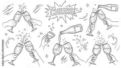 Cheers toasting hands with champagne and wine glasses doodle
