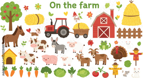 Farm Animals And Agriculture Elements Collection With Barn Tractor And Crops Vector Illustration