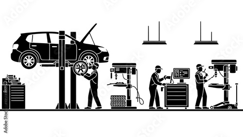 Workshop with mechanics repairing car on lift silhouette illustration