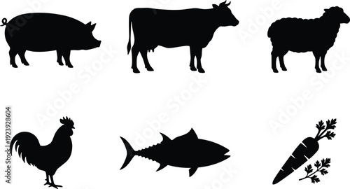 Farm animals and food silhouette set with pig, cow, sheep, rooster, fish and carrot, agriculture livestock icons isolated on white background vector
