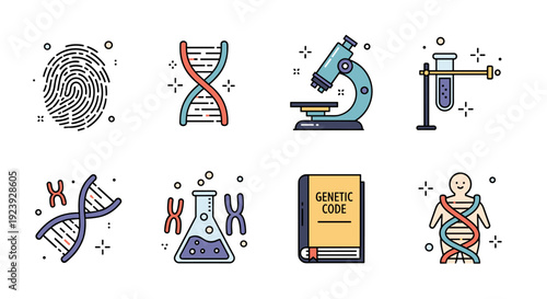 A collection of science and genetics icons including DNA strands, a microscope, and a fingerprint in flat vector style, ideal for educational and research purposes