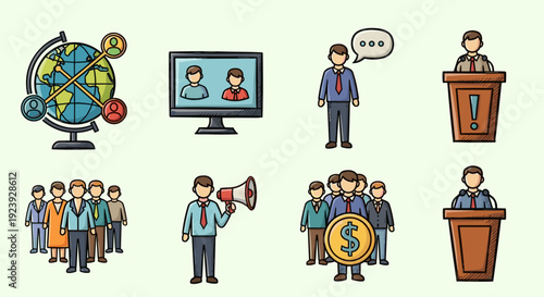 A collection of business and communication icons featuring global networking, presentations, and team interactions in a colorful vector style, perfect for corporate themes and professional projects