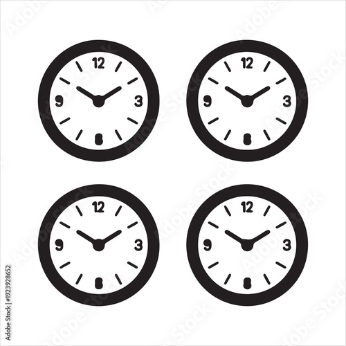 Vector illustration of four analog wall clocks in black outline, et of black clock icons showing different times and styles