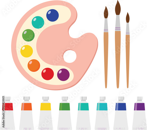 Art supplies vector set with wooden paint palette colorful rainbow oil paints paintbrushes and acrylic tubes for creative studio and fine arts education