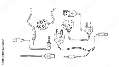 Plug and electrical components hand-drawn illustration set