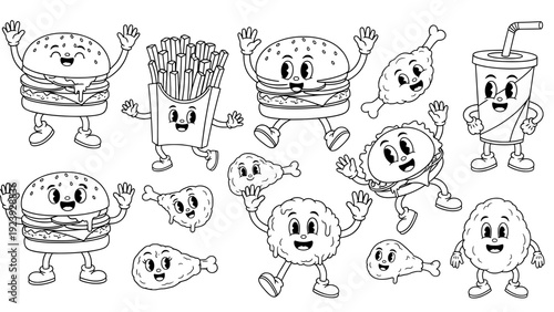 Food character set with burger and fried chicken in vintage style
