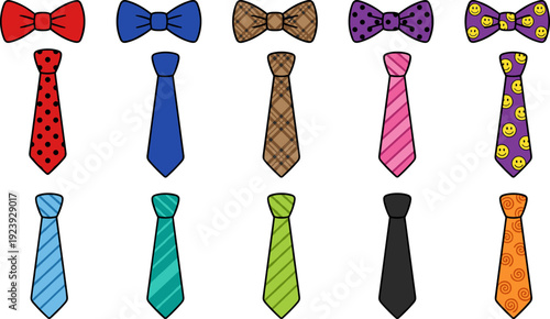 Necktie and bow tie vector set, colorful fashion accessories, formal clothing icons, isolated illustration design element collection