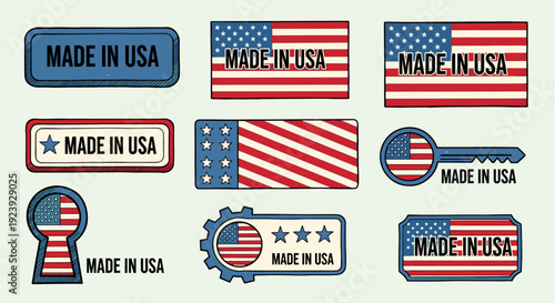 A collection of 'Made in USA' labels featuring American flag designs in colorful vector style, ideal for product branding and promotions