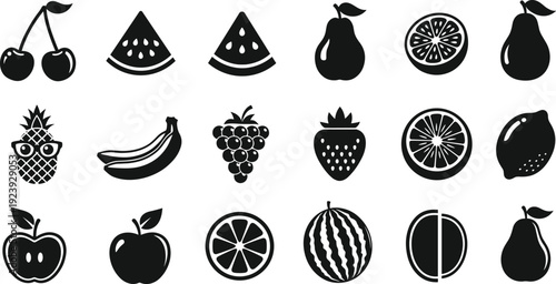 Fruit icon set with apple, banana, watermelon, citrus and berry symbols, fresh food silhouettes isolated on white background vector illustration collection