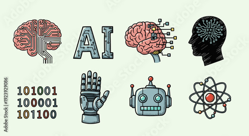 A collection of technology-themed icons featuring a brain, AI, a robot, and circuit designs in colorful vector style, suitable for tech-related projects