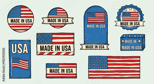 A collection of vintage-style Made in USA labels and stickers featuring the American flag in various shapes and designs, ideal for marketing and product packaging