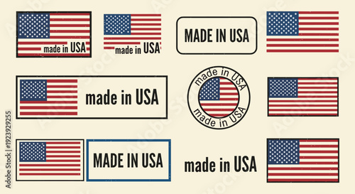 A collection of various 'Made in USA' labels featuring the American flag in a vintage style, suitable for branding and promotional materials