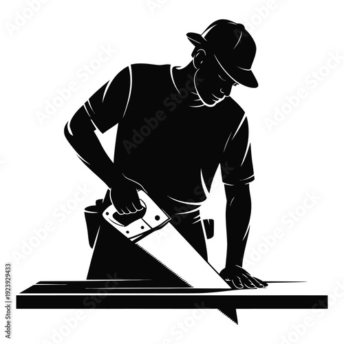 Silhouette carpenter man sawing wood board, construction worker with saw, tools, workshop, manual labor, craft, profession, home improvement, DIY, skilled, project, building, blueprint, design, plans